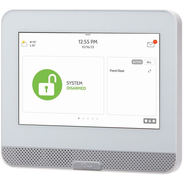 IQ4 Hub Funk-Alarmzentrale | SECUR Sicherheitstechnik | SECUR Sicherheitstechnik Touchscreen security panel showing System Disarmed (green padlock) and Front Door status