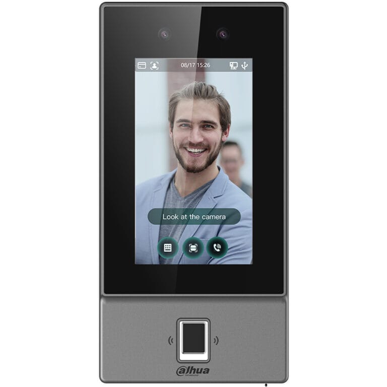 Dahua Zutrittskontrolle | SECUR Sicherheitstechnik | SECUR Sicherheitstechnik Dahua video doorbell with a tall touchscreen display showing a smiling man on camera and a square doorbell button below.