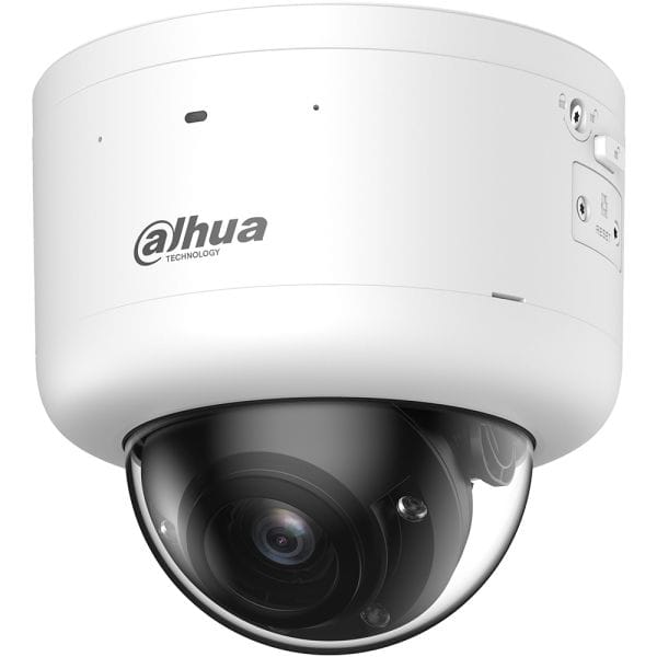 Dahua verkabelte IP Kamera | SECUR Sicherheitstechnik | SECUR Sicherheitstechnik Dahua white dome security camera mounted on a ceiling, with a hemispherical transparent cover over the lens.