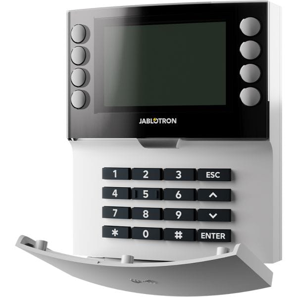 Jablotron Funk-Bedienteil | SECUR Sicherheitstechnik | SECUR Sicherheitstechnik JABLOTRON security alarm panel with LCD screen and numeric keypad on a wall mounting