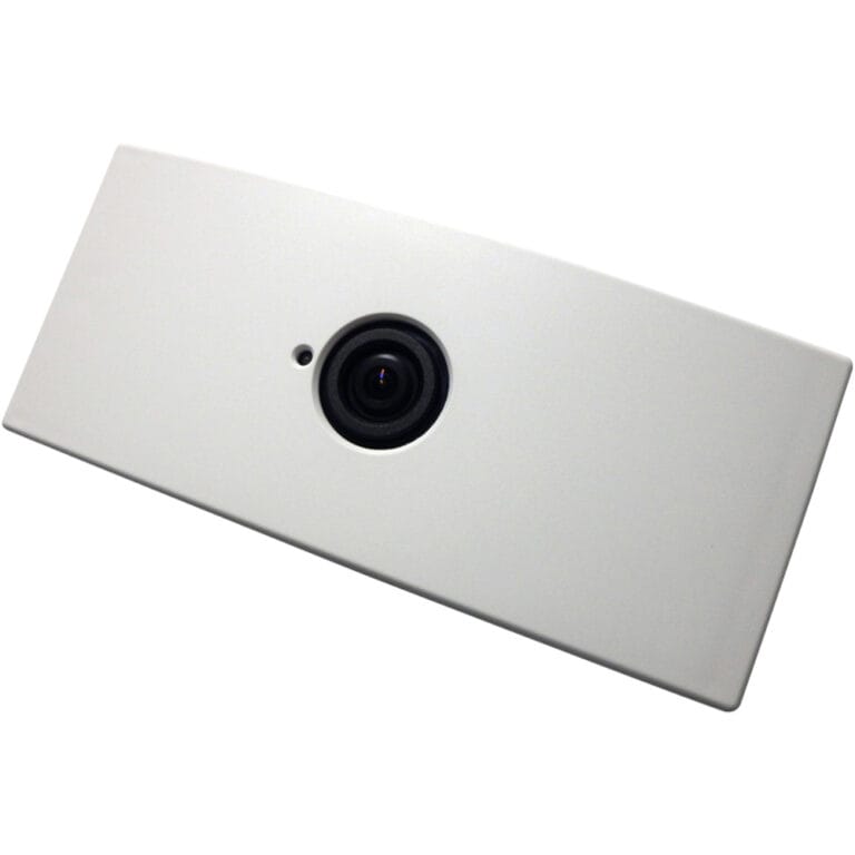 Optex Bescuherzähler | SECUR Sicherheitstechnik | SECUR Sicherheitstechnik White curved rectangular camera unit with a central round lens and small sensor next to it, angled slightly.